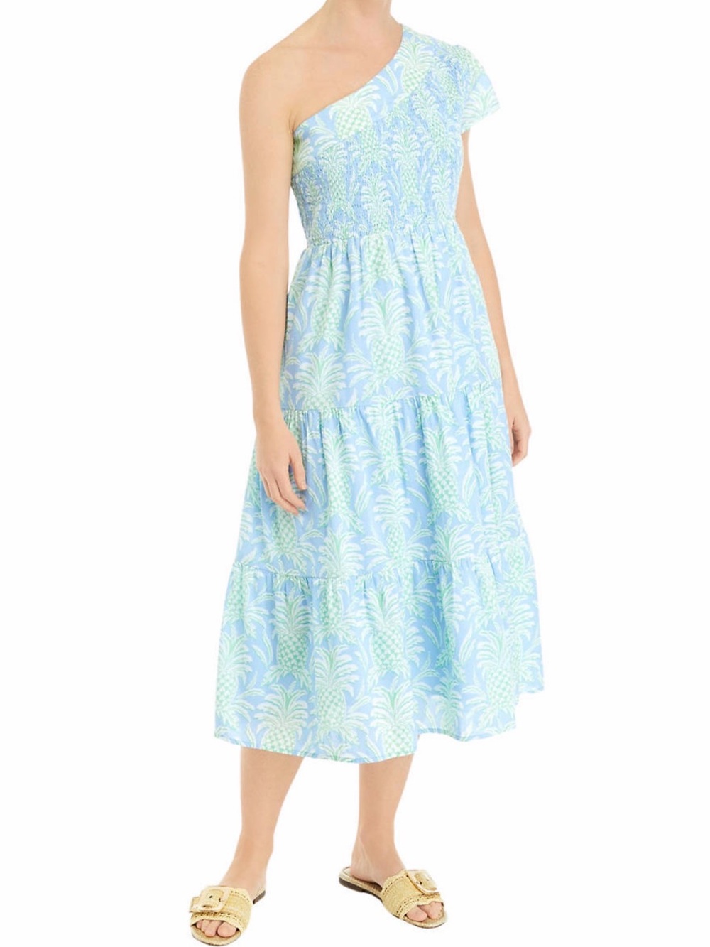 crown & ivy One-Shoulder Blue & Mint Palm Print Midi Dress